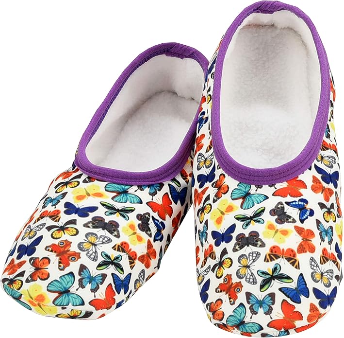 Snoozies Skinnies Butterflies Bees slipper socks for Women Sherpa Lining Soft Non Slip and Foldable