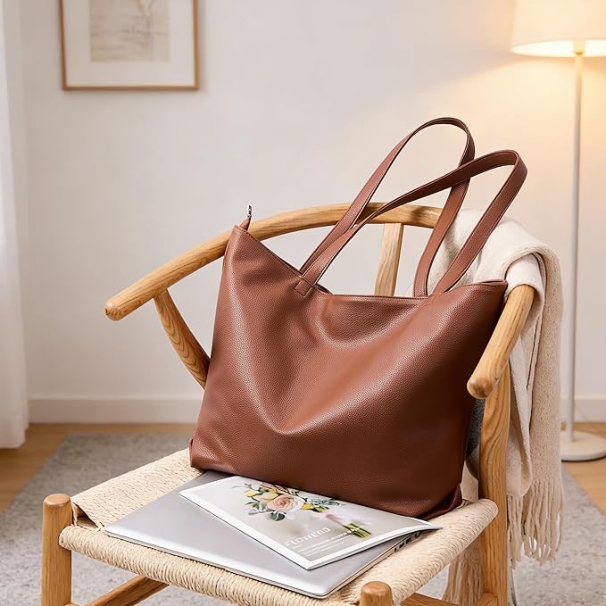 WLLWOO Soft Vegan Leather Tote Bag for Women Large Casual Hobo Handbags Zipper Shoulder Work Daily Weekender Travel Purse