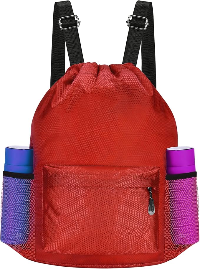Waterproof Drawstring Bag, Lightweight String Backpack with Water Bottle Holder and Pockets, Gym Sports Cinch Sackpack (Red)