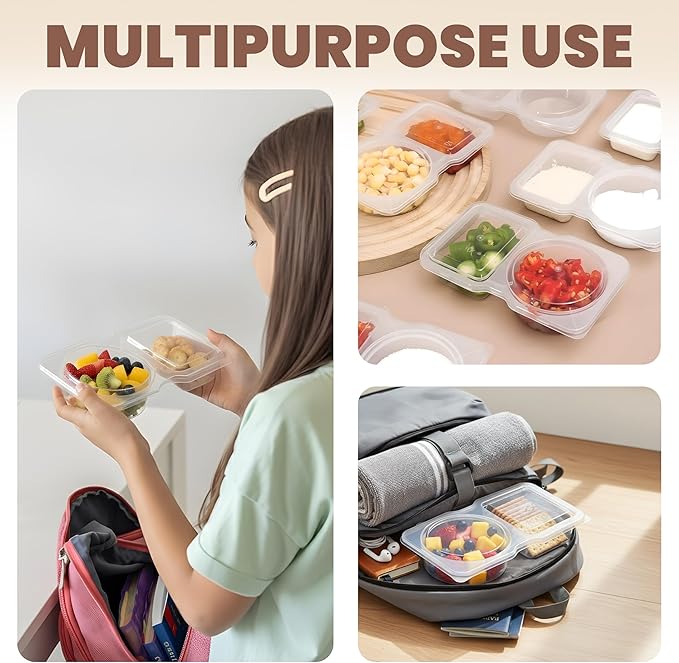 Reusable Snack Containers with Lids 10 Pack – 2 Compartment Portion Control Food Storage Boxes, Leakproof Snack Tray, Stackable Containers for Travel, Office & Home (10)