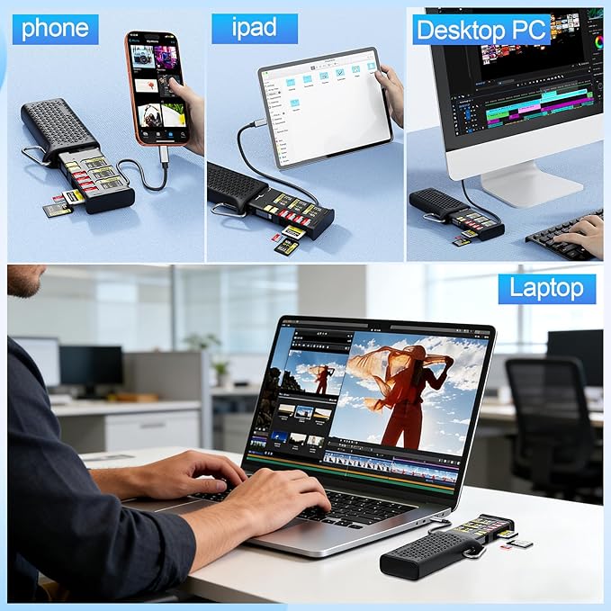 Professional CFexpress Type B/SD UHS-II USB 3.2 Gen 2 Reader Case, 12-in-1 10Gbps CF Express Memory Card Reader Holder for CFexpress Type B/SD/TF/Sim Cards for Professional Filmmakers,Photographers