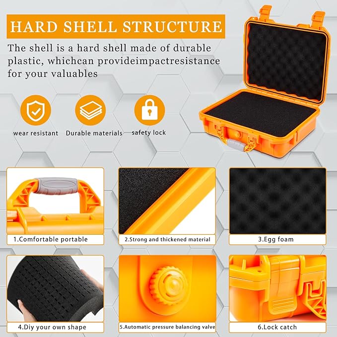 Relaxweex 1 Pcs Waterproof Hard Case with DIY Customizable Foam Insert Portable Protective Case with Knife for Camera Drones Equipments Tools Test Instruments(Orange,14.3 x 11.4 x 4.5 Inch)