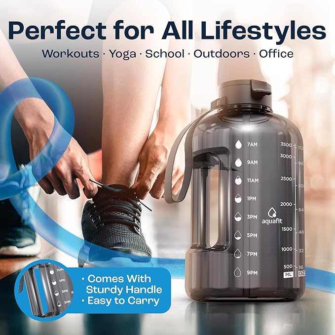 AQUAFIT 1 Gallon Water Bottle with Time Marker - Straw & Chug Lid - BPA Free Gym Water Bottle with Straw - Big Gallon Jug (Clarity, 128 oz - 2 Lids)