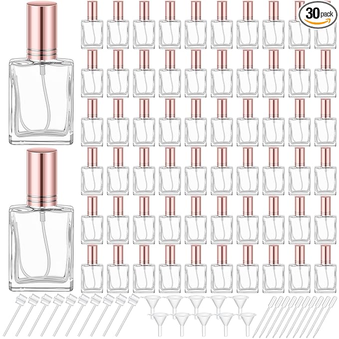 Domensi 30 Pcs 10/15/30/50 ml Glass Perfume Bottles Mini Glass Empty Spray Atomizer Bottles Bulk Refillable Perfume Dispenser Container with Pump Tool for Travel Skin Care (15 ml,Rose Gold)