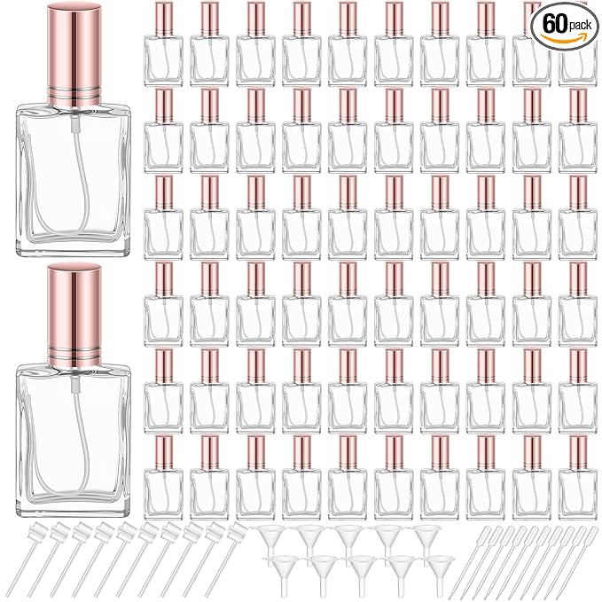 Domensi 60 Pcs 10/15/30/50 ml Glass Perfume Bottles Mini Glass Empty Spray Atomizer Bottles Bulk Refillable Perfume Dispenser Container with Pump Tool for Travel Skin Care (15 ml,Rose Gold)