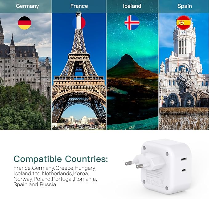 2 Pack European Travel Plug Adapter, US to Europe Plug Adapter with 3 Outlets 3 USB Charging Ports(2 USB C), Type C Adapter Travel Essentials to Most Europe EU Spain Italy France Germany Iceland