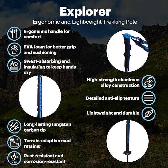 Versatile Trekking Pole with Accessories - Ideal for Hiking with Excellent Foam Grip Lightweight, Durable Tungsten Carbon Tip. Adjustable Length, Collapsible, Internal Storage, Canvas Carry Bag