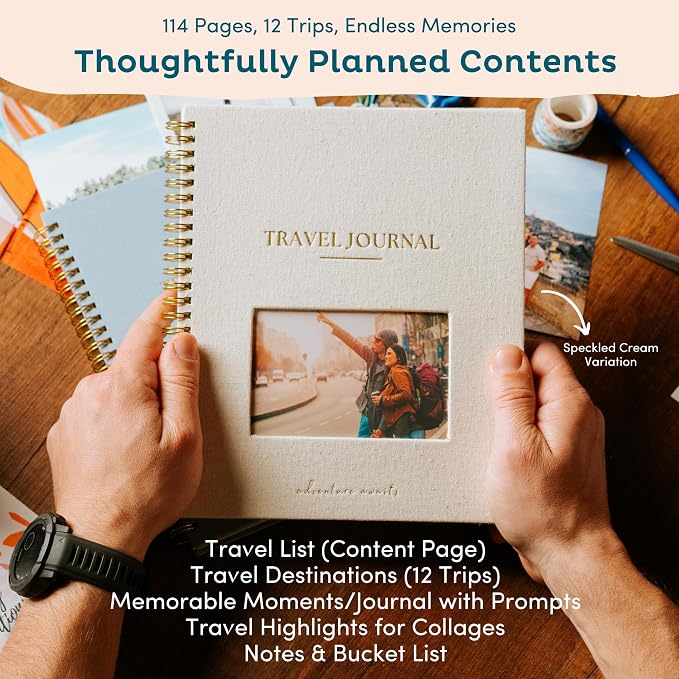 Nook Theory Personalized Travel Journal for Women, Men - Linen Travelers Notebook, Adventure Book with Prompts, Perfect for Travel Gifts (Burnt Orange)
