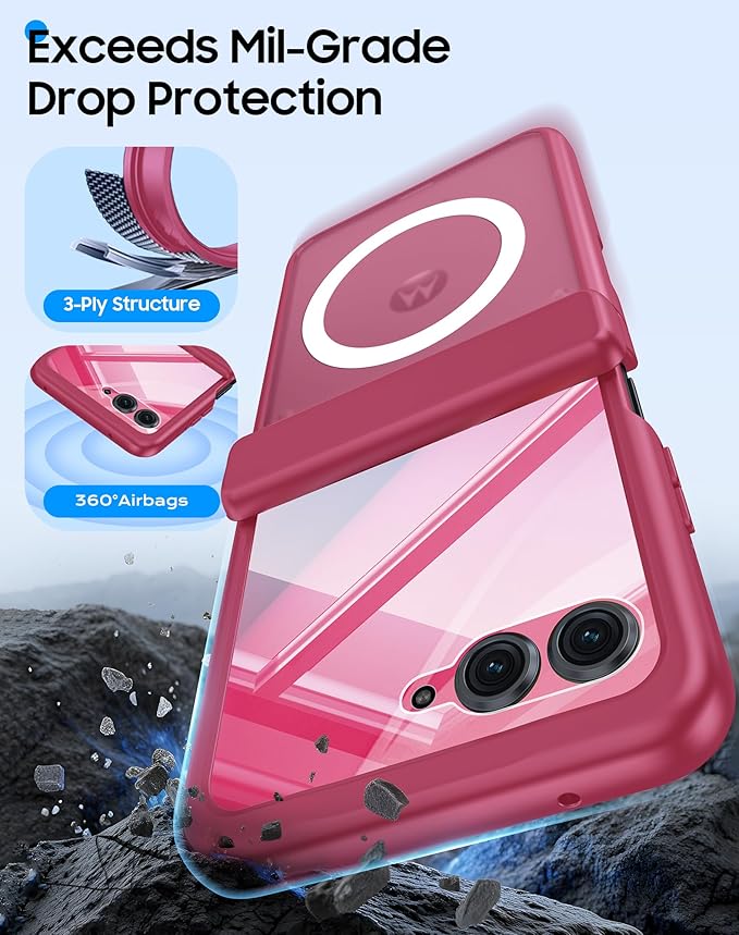 Magnetic for Motorola Razr 2025 Case/Razr 2024 Case,Hinge Protection, Screen Protector, Compatible with MagSafe, Translucent Frosted, Shockproof Slim Cover for Razr 2025/2024-Rose Red
