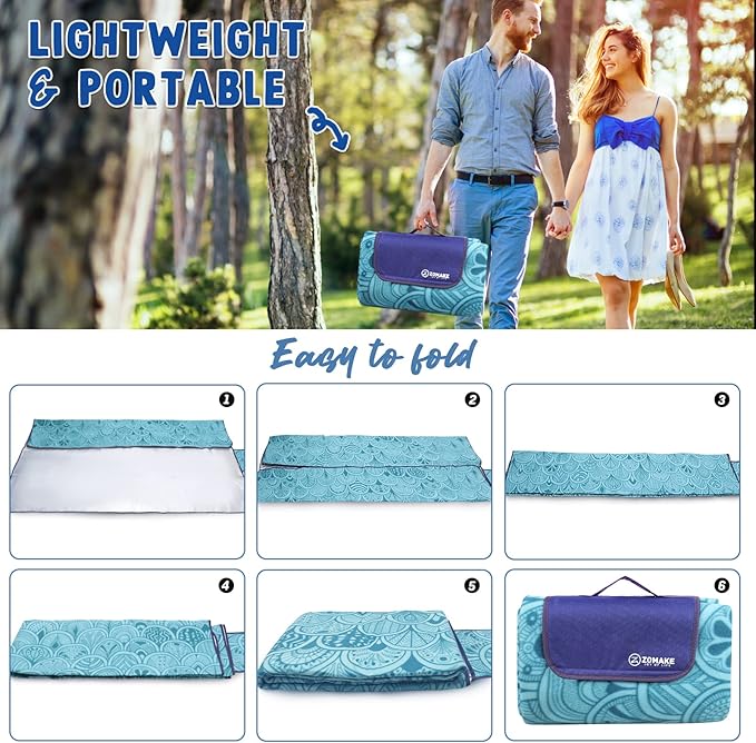 ZOMAKE Picnic Blanket Waterproof Sandproof Large Foldable Blankets,79"x79" Concert, Beach, Yard, Outdoor Grass Mat(Peacock Blue)