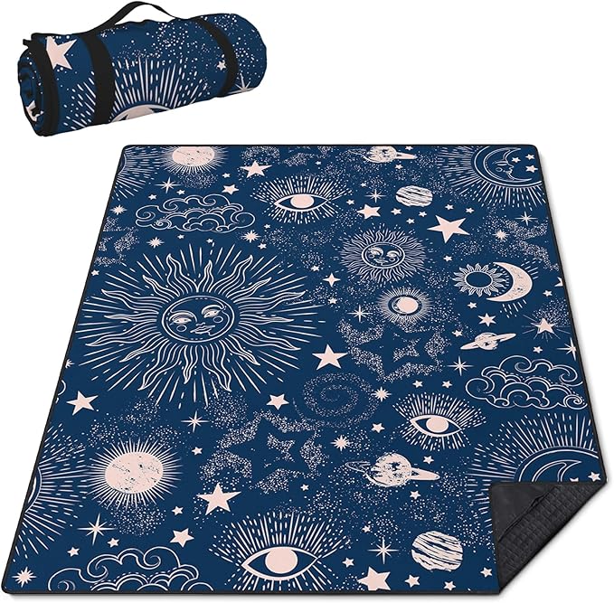 Gothic Picnic Blankets Waterproof Foldable,80″X80″ Sun and Moon Thick Picnic Mat Outdoor Blanket for Grass,Blue Large Beach Blanket Sandproof Picnic Accessories for Camping Picnic Party Park