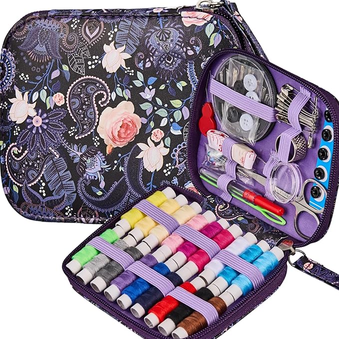 Purple Cute Travel Sewing Kit with 87PCS Accessories | Printing Sewing Kit Bag with 18 Colors Sewing Thread, Basic Professional Sewing Supplies for Beginners & Emergency