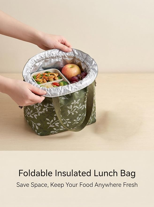 Reusable Small Lunch Bag,Drawstring Lunch Bag,Insulated Handbag Tote bag with Handle (New Leaf Green)