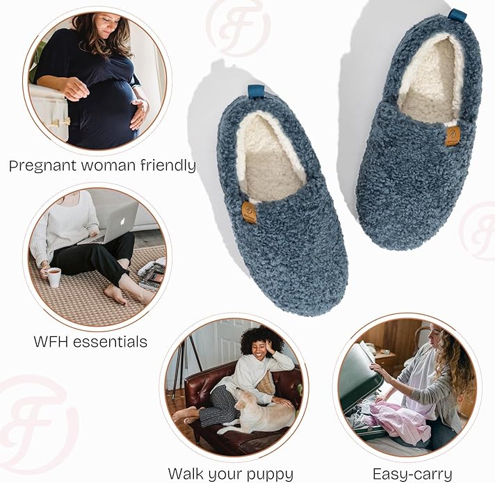 EverFoams Women’s Soft Curly Full Slippers Memory Foam Lightweight House Shoes Cozy Loafer with Polar Fleece Lining