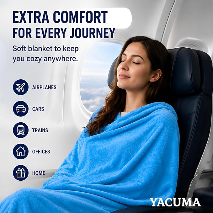 Travel Blanket Airplane Compact with Bag, Soft 40" x 60" Blanket with Luggage Strap & Underseat Personal Item Organizer for Flights, Home & Office, Blue