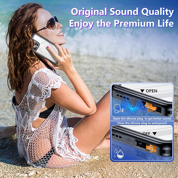Compatible with iPhone 16 Pro Case Waterproof, Built-in Screen & Camera Protector IP68 Underwater Full Body 16FT Military Dropproof Shockproof Phone Case 6.3"-Black/Clear