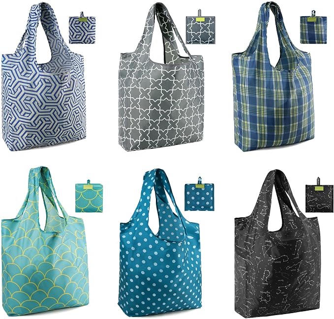 BeeGreen Geometry Reusable Shopping Bags Cute Grocery Bag 6 Pack, Christmas Gift Bags Heavy-Duty Foldable Shopping Totes for Supermarket, Work & Travel, Large Washable Polyester Tote Bag with Handles