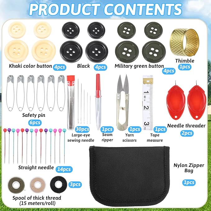Small Sewing Kit, Durable Nylon Portable Small Travel Button Sewing Kit Complete Thread Needle Repair Tools with Zipper for Men Women Outdoor Travel Field Emergency (Black)