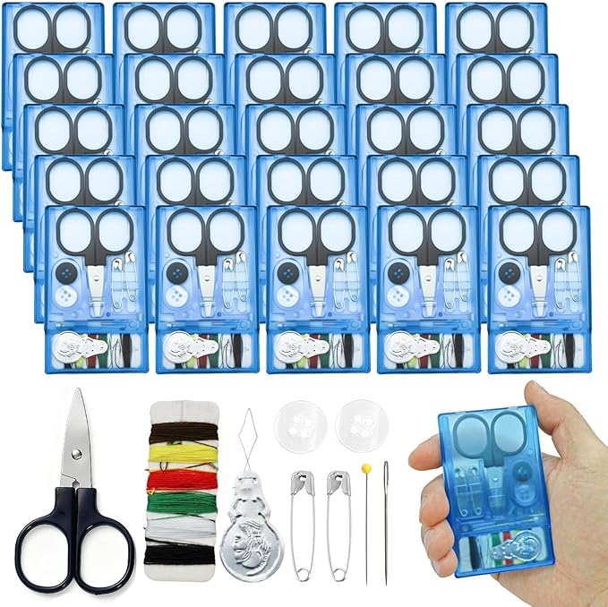 25 Boxes Mini Travel Sewing Kit Quick Fix Sewing Kits Bulk Basic Portable Pre Threaded Needle Emergency Repair Tool for Christmas Gifts Beginner Traveler Home Hotel (Blue)