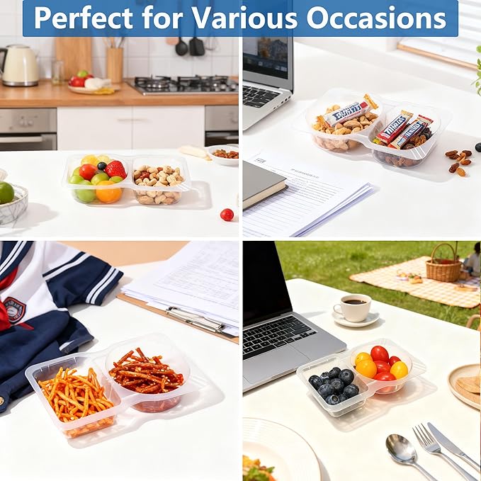 Reusable Snack Containers & Snack Pack Containers – 2 Compartment Meal Prep Containers with Lids, Double Condiment Containers, Portable Snackle Box (10 Set)