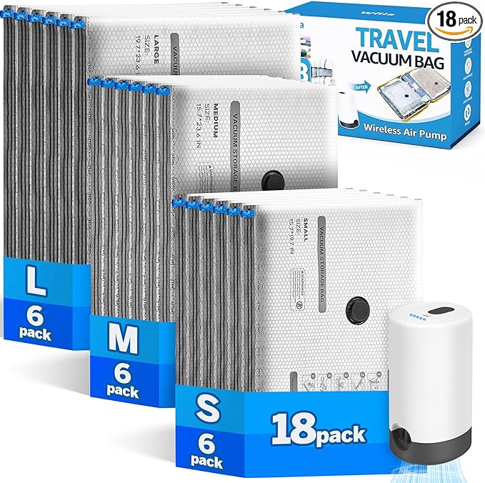 18 Packs Vacuum Bags for Travel with Rechargeable Pump, 3 Sizes Vacuum Seal Bags for Clothing, Compression Vacuum Travel Bags for Luggage, Vacuum Packing Bags for Closet Organization