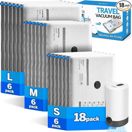 18 Packs Vacuum Bags for Travel with Rechargeable Pump, 3 Sizes Vacuum Seal Bags for Clothing, Compression Vacuum Travel Bags for Luggage, Vacuum Packing Bags for Closet Organization