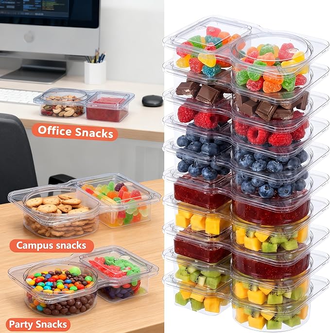 Reusable Snack Containers & Snack Pack Containers – 2 Compartment Meal Prep Containers with Lids, Double Condiment Containers, Portable Snackle Box (10 Set)