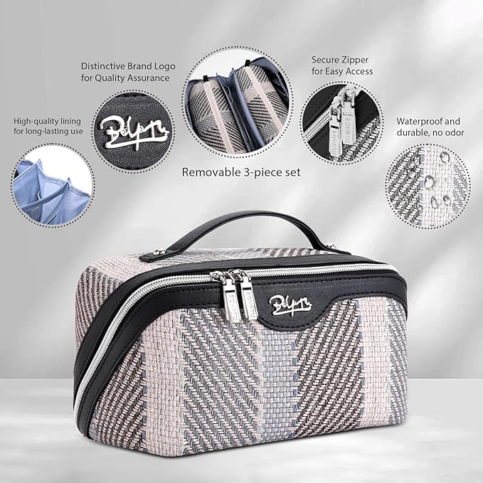 BOYATU Travel Makeup Bag Cosmetic Bag for Women: 3 Pcs Set Make up Bag with Compartments - Waterproof Vegan Leather Toiletry Bags with Handle - Makeup Organizer for Travel Essentials(C-4-Black)