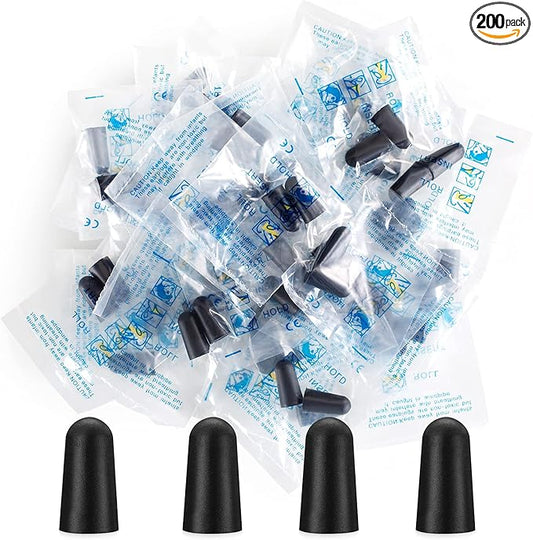 200 Pairs Black Foam Ear Plugs - 33dB NRR Noise Cancelling, Durable & Comfortable, Individually Wrapped for Work, Construction, Shooting, Travel, Loud Events