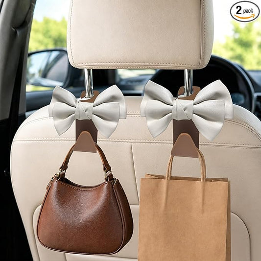 2 Pack Car Purse Hooks, Cute Bow Car Seat Headrest Hook Hanger for Purses and Bags, Space-Saving Car Accessory (White brown)