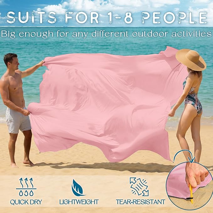 BYDOLL Beach Blanket Waterproof Sandproof Large Sand Free,78''X81''/10'X9' Oversized Sandless Lightweight Blanket Picnic Mat for Beach Travel Camping Hiking with Stakes