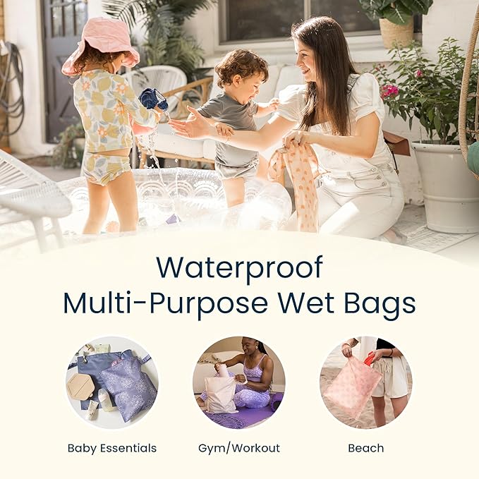 Tiny Twinkle Mess Proof Wet Bags | 2-Pack Reusable Waterproof Wet Bags for Swimsuits | Baby Clothes | Travel & Diaper Bag (Strawberries,Raspberry Gingham)
