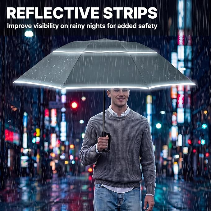 G4Free 46inch Ring Buckle Umbrella, Inverted Design with Carabiner Handle, Compact Travel Umbrella with Reflective Strip, Automatic Windproof for Rain