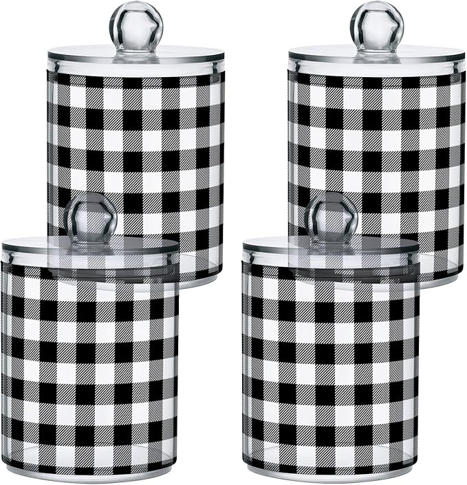 Gredecor Qtip Holder Dispenser 2 Pack Black White Classic Buffalo Plaid Bathroom Decorative Storage Canister Holder Counter Vanity Organizer for Cotton Ball Swabs Pads Floss