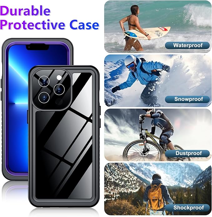 Compatible with iPhone 13 Pro Max Case Waterproof, Built-in Screen & Camera Protector IP68 Underwater Full Body 13FT Military Dropproof Shockproof Phone Case 6.7"-Purple/Clear