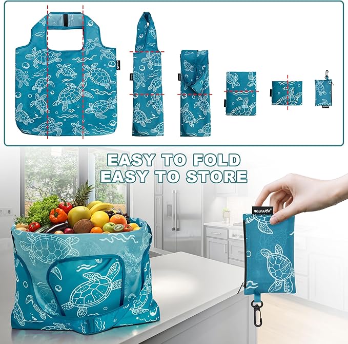 HOLYLUCK Reusable Grocery Bags,Heavy Duty Foldable Shopping Tote Bag (Standard, 3 Turtle)