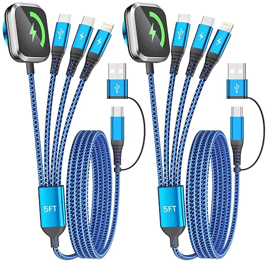 Multi Charging Cable with Dual Type-C Ports, 4 in 2 USB A/C Charing Cord for iWatch Charger/iPhone Charger/L Port, 5FT 2Pack iWatch Cable Travel Essentials for iWatch/iPhone 17-11/Android