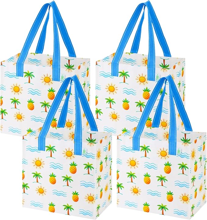 VENO 4 Pack Reusable Grocery Shopping Bags, Heavy-Duty Tote Bags with Handles, for Shopping Cart with Hard Bottom to Stand Upright, Foldable (Tropical Island, 4 Pack)