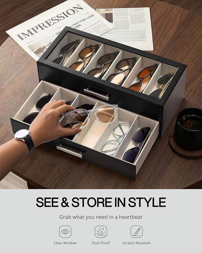 ProCase Sunglasses Organizer Box with Clear Glass Lid, PU Leather Eyeglass Storage Display Case for Men and Women