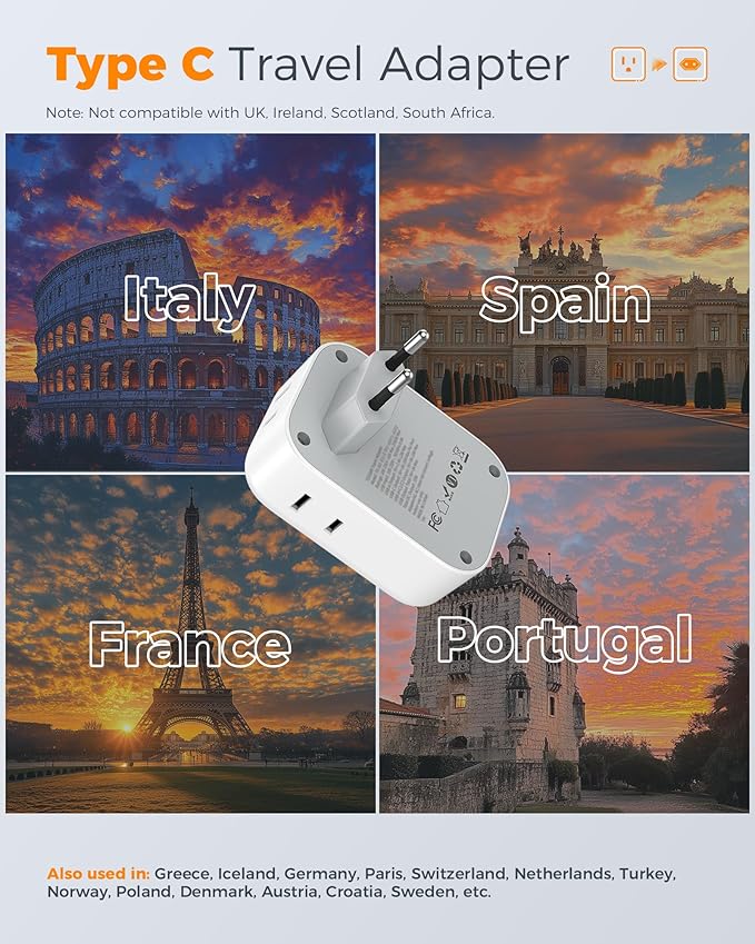 TESSAN European Travel Plug Adapter 3 Pack, PD 20W Type C Power Adaptor with 4 AC Outlets 3 USB Ports (2 USB C), US to Europe Plug Adapter for USA to EU Italy Spain France Iceland Germany