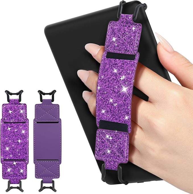 MoKo 2 Pack Security Hand Strap for 6-8" Kindle eReaders Fire Tablet-Kindle/Kobo/Voyaga E-Book Tablet, High-Elasticity Versatile Hand Strap Lightweight Finger Grip Holder, Deep Purple+Glitter Purple