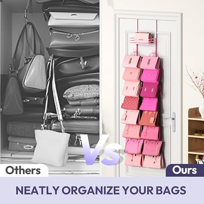 SWTYMIKI Over The Door Purse Organizer - Wall Mounted Handbag Organizer with 16 Hooks and Metal Basket, Hanging Purse Storage Rack Holds up to 16 Bags, Bag Rack Can Use As 1/2 Part, for Door, Closet