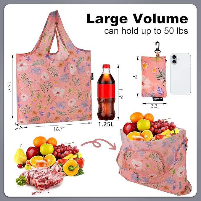 HOLYLUCK Reusable Grocery Bags,Heavy Duty Foldable Shopping Tote Bag (Standard, Tropical floral)