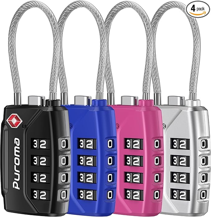 Puroma TSA Approved Luggage Lock, Multicolor 4 Digit Combination Travel Cable Locks Resettable Code Lock with Zinc Alloy Body for Suitcase, Backpack, Bag, Gym Locker (Black,Blue,Silver,Red-Violet)