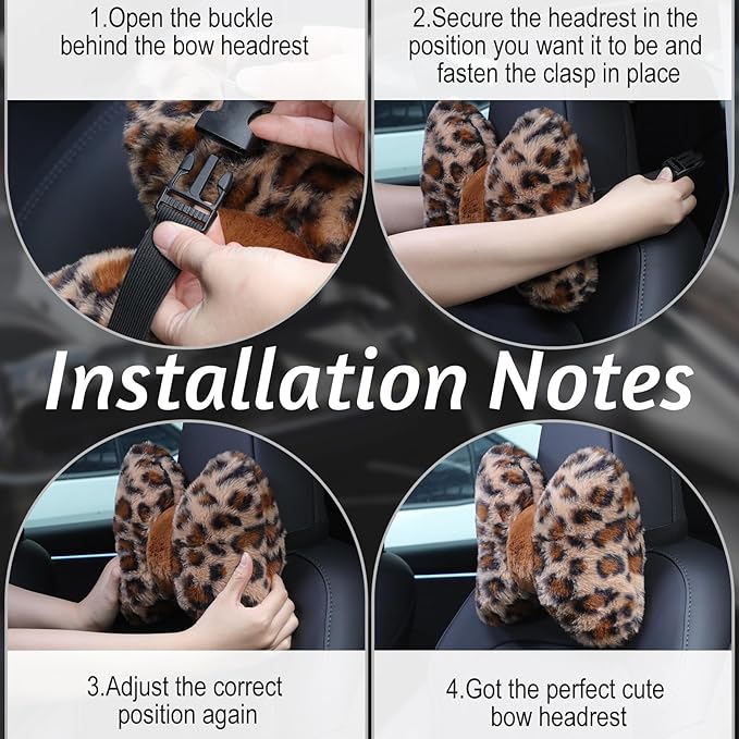 Macarrie 2 Pcs Car Neck Pillow Velvet Bow Headrest Pillow Soft Comfortable Seat Neck Support Cute Bow Car Accessories for Driving Travel Driver Chair Girl Style Interior Decor (Leopard)