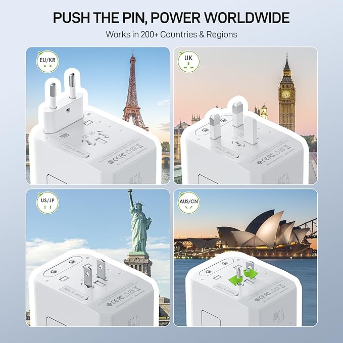 EPICKA Universal Travel Adapter GaN 45W, European Travel Plug Adapter with PD&QC Fast Charging(2 USB-A & 3 USB-C Ports) - Worldwide Travel Essentials, International Power Adapter for UK/US/AU (White)