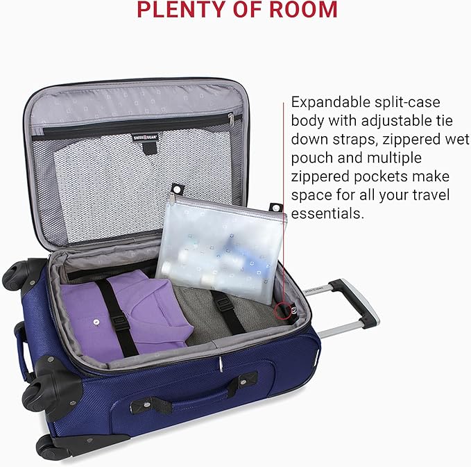 SWISSGEAR Sion Softside Expandable Spinner Luggage Durable Lightweight Travel Suitcase, Blue, Carry-On