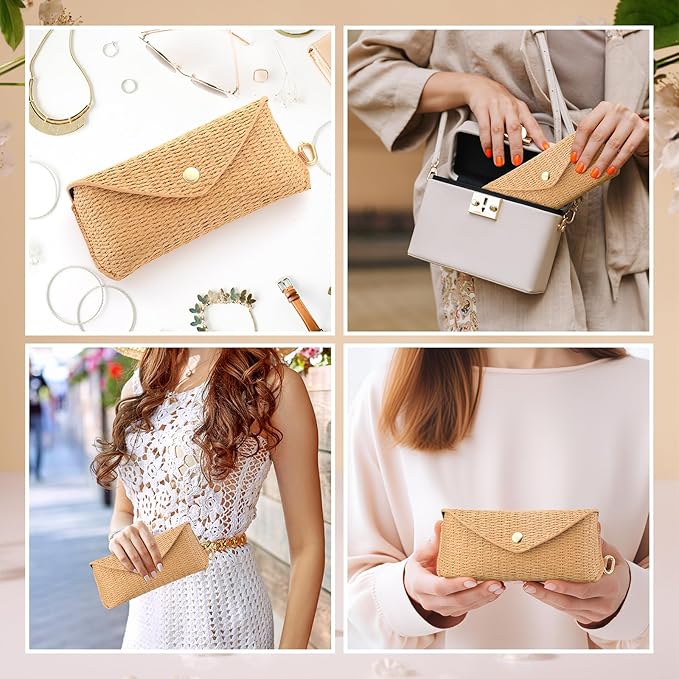 Leinuosen Woven Straw Sunglasses Case with Clip, Hard Shell Boho Rattan Pouch, Portable Travel Beach Accessory for Women Girl