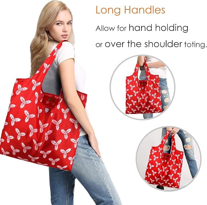 BeeGreen Christmas Reusable Grocery Bags 10 Pack Reusable Shopping Bags Bulk Christmas Gifts Tote Bags with Zipper Storage Pouch Elastic Band Foldable-Machine Washable
