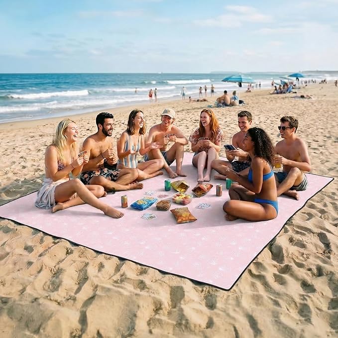 OIGAE Oversized Beach Blanket, 9×10 ft Sand-Free Outdoor Mat for Groups, Quick-Dry Picnic Blanket with Stakes & Corner Pockets,Shell, Pink